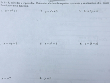 In 1 - 8 , solve for y if possible. Determine