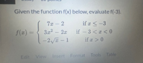 Given the function f ( x ) below, evaluate f ( -