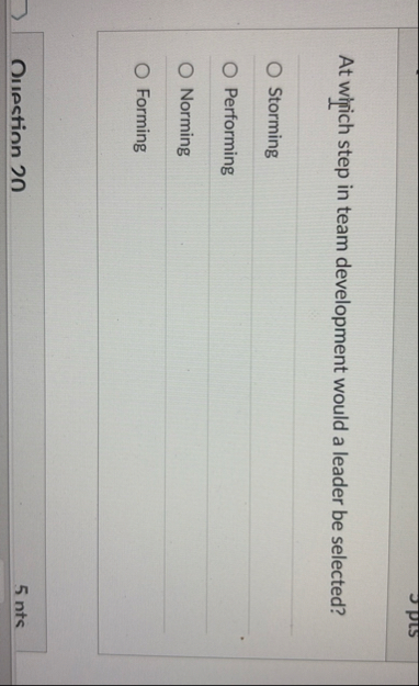 At which step in team development would a leader