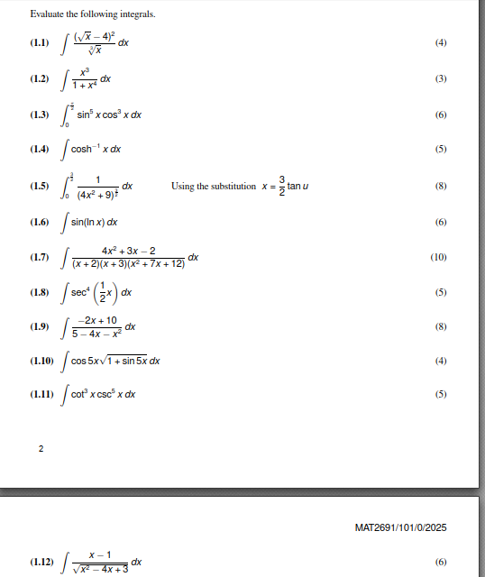 Evaluate the following integrals. ( 1 . 1 ) ( x 2