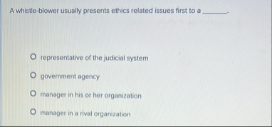 A whistle - blower usually presents ethics