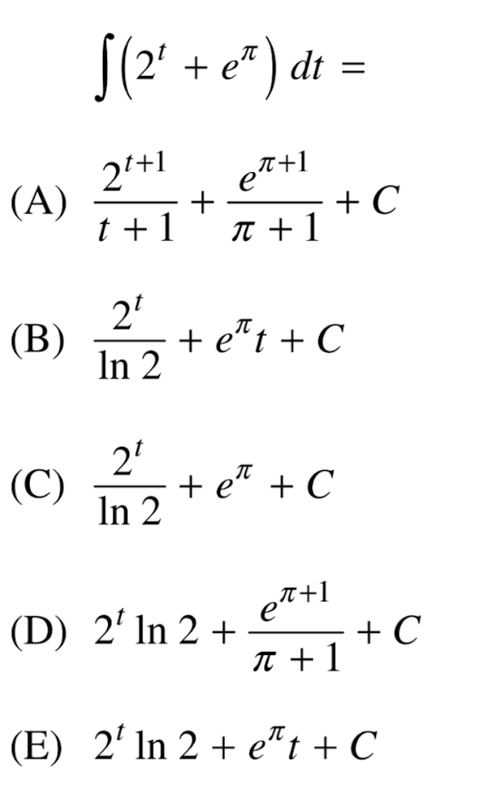 ( 2 t + e ) d t = ( A ) 2 t + 1 t + 1 + e + 1 + 1