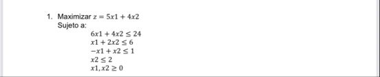 Maximizar z = 5 x 1 + 4 x 2 Sujeto a: 6 x 1 + 4 x