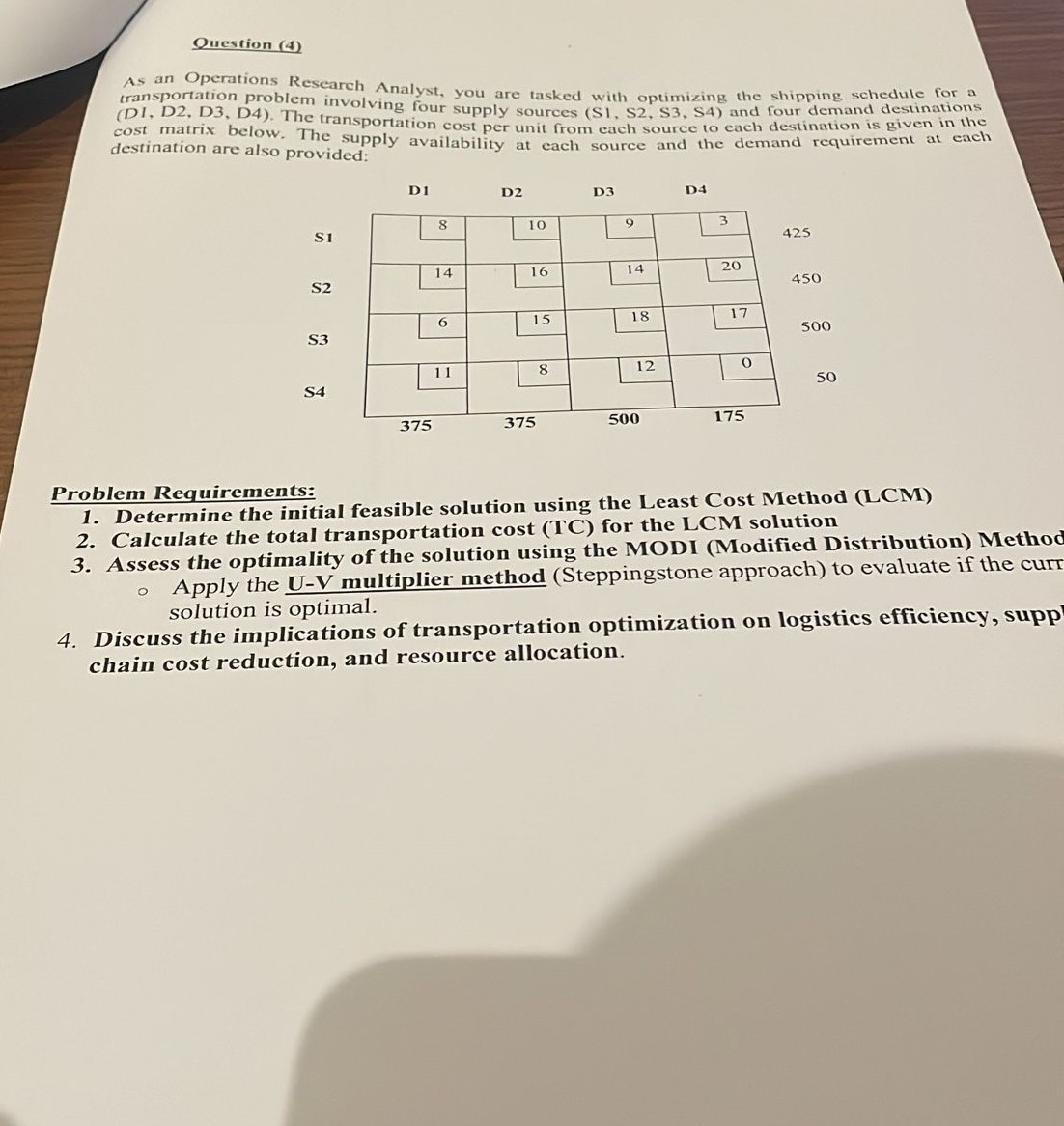 Question (4) As an Operations Research Analyst,