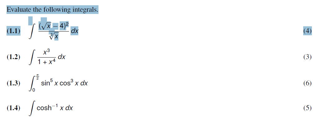 Evaluate the following integrals. ( 1 . 1 ) ( x 2