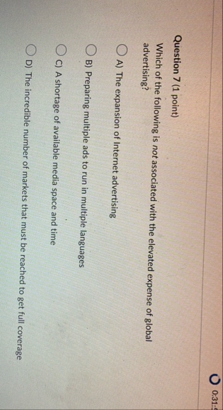 0 : 3 1 : 5 Question 7 ( 1 point ) Which of the