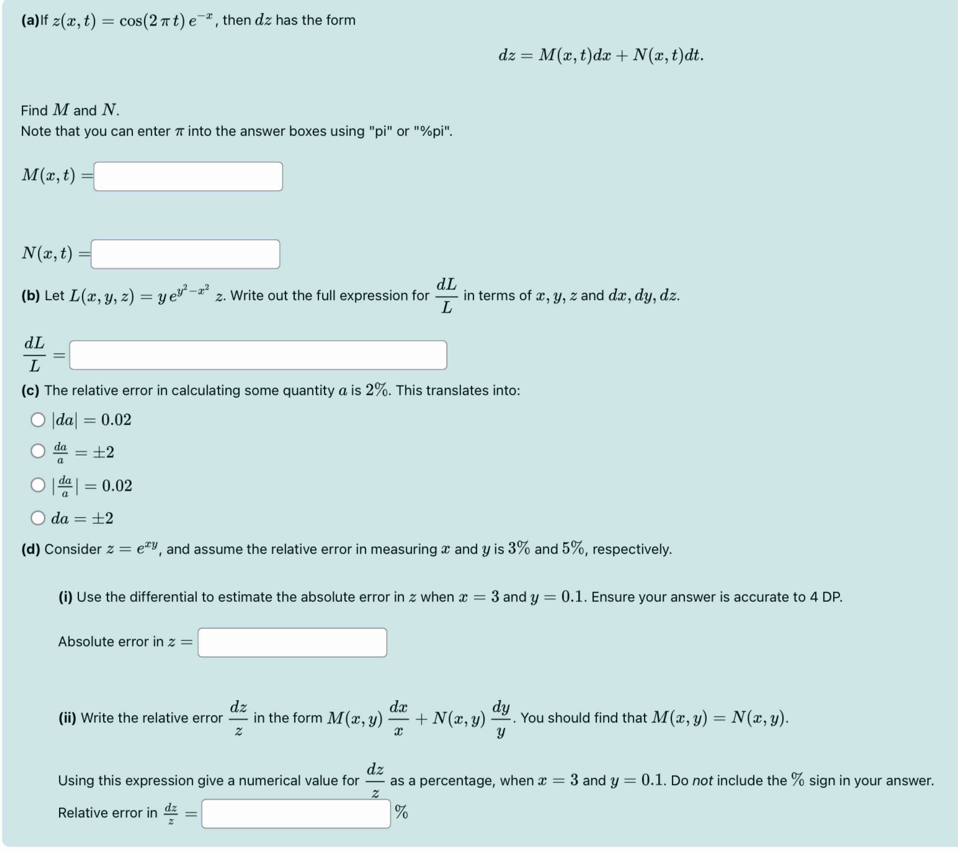 ( a ) I f z ( x , t ) = c o s ( 2 t ) e - x ,