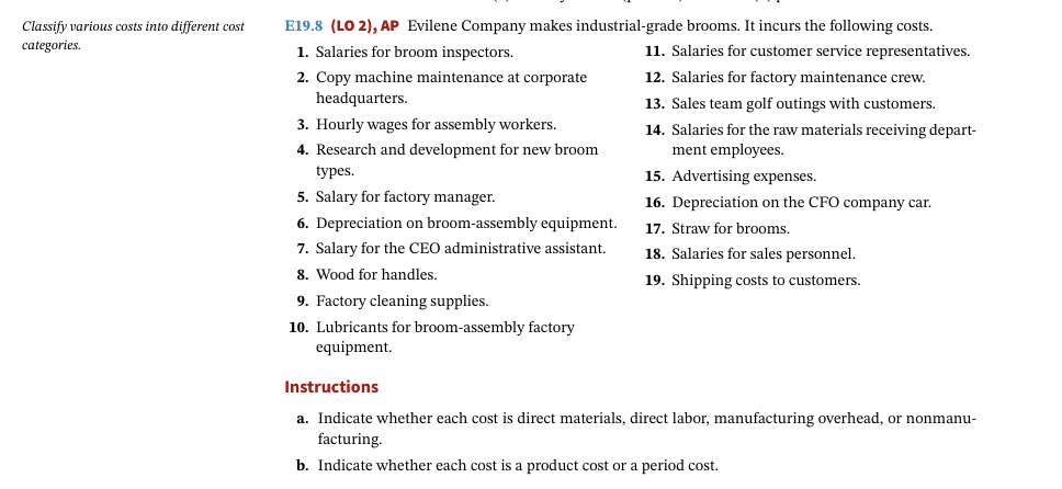 Classify various costs into different cost