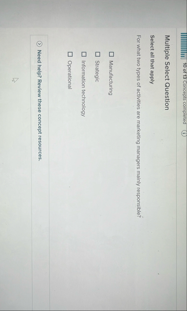 1 0 of 1 3 Concepts completed Multiple Select