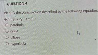 QUESTION 4 Identify the conic section described