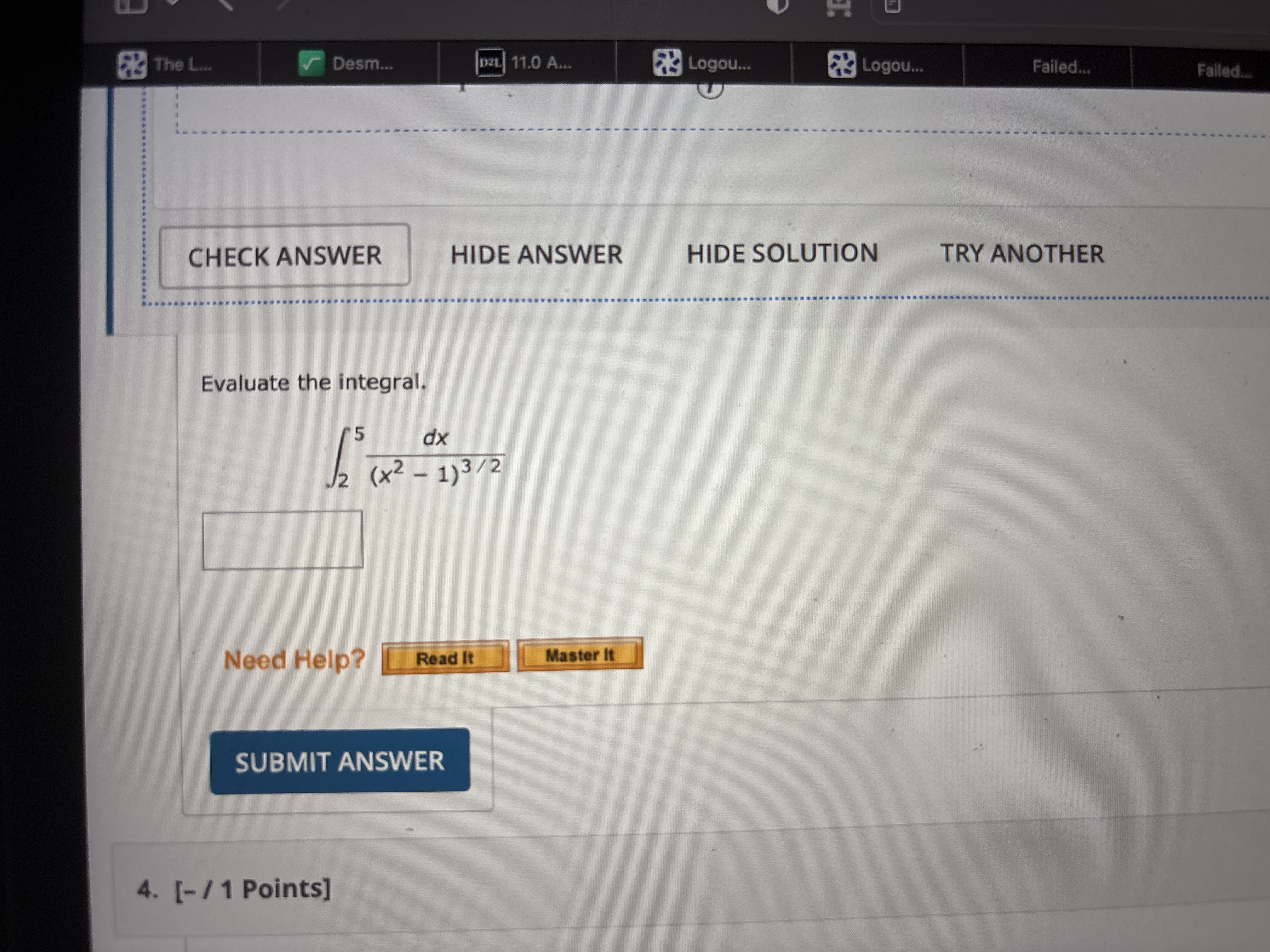 Evaluate the integral. 2 5 d x ( x 2 - 1 ) 3 2