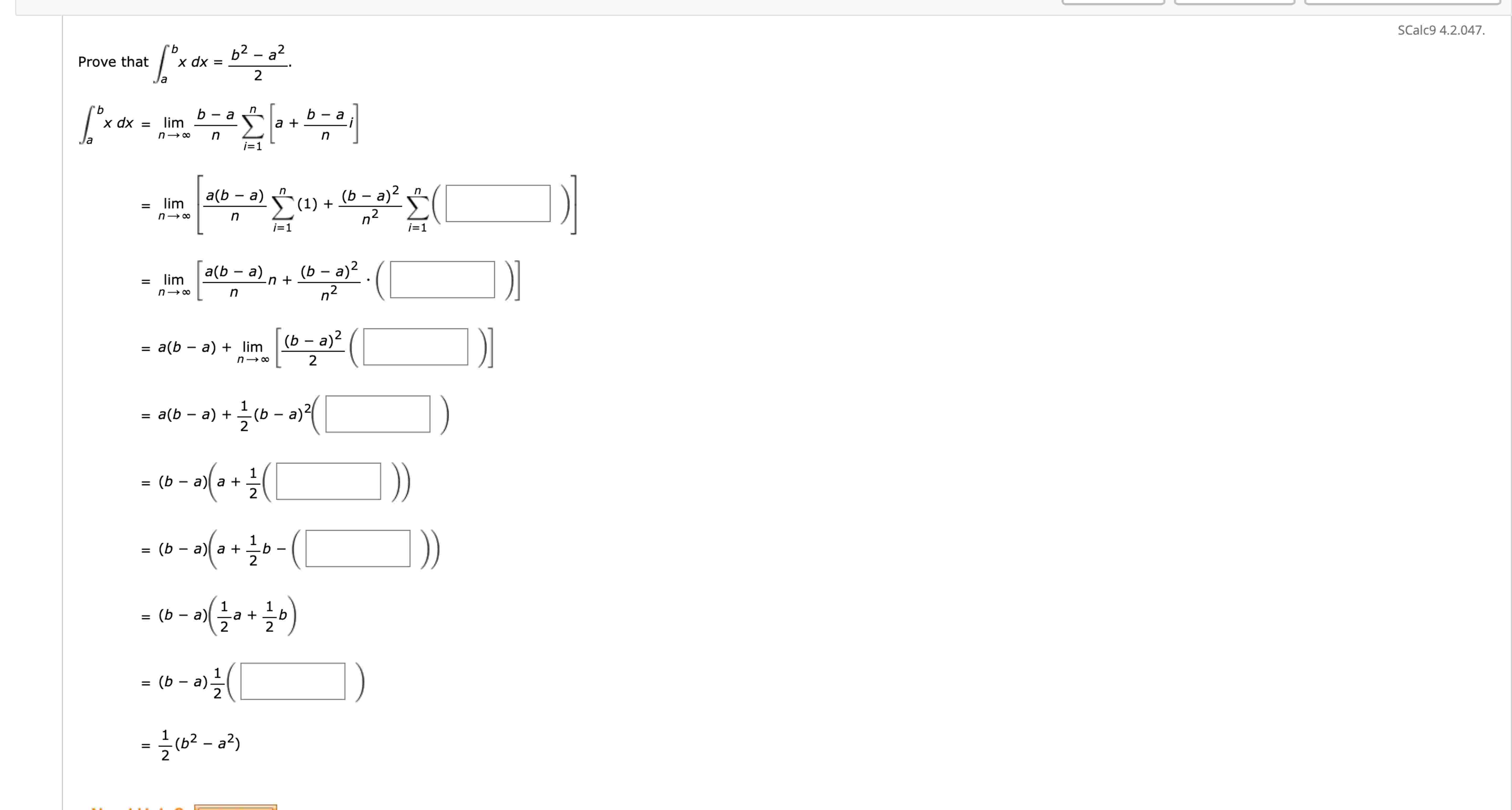 Prove that a b x d x = b 2 - a 2 2 .