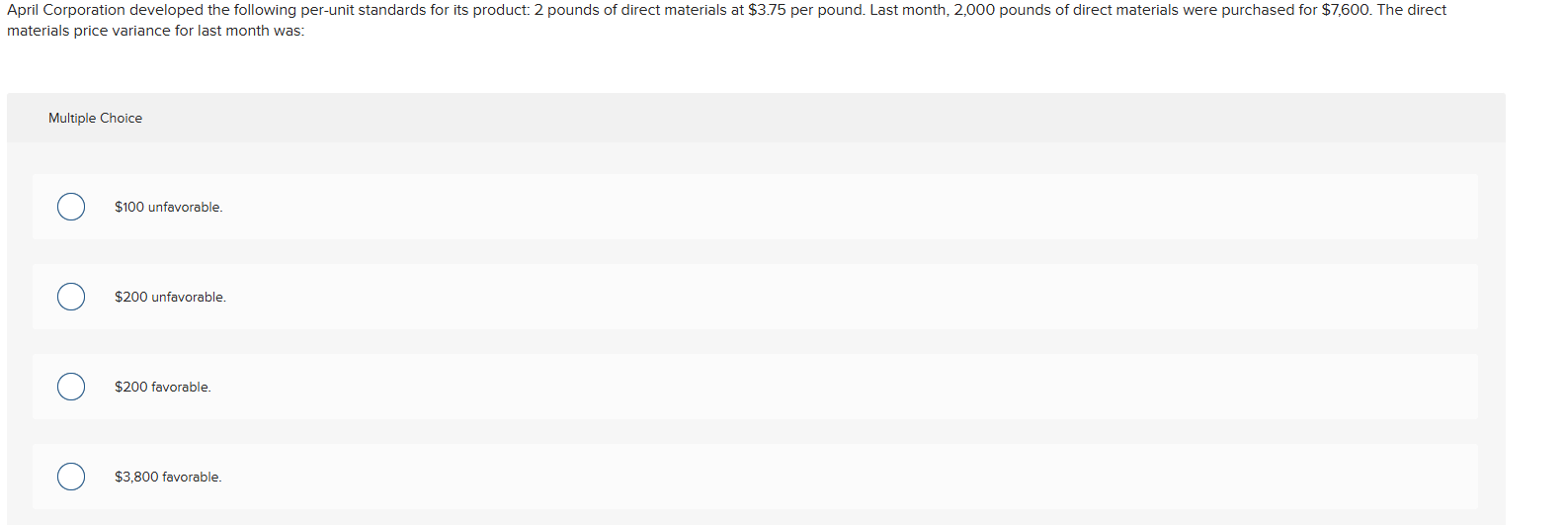 materials price variance for last month was: