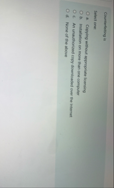 Counterfeiting is Select one: a . Copying without