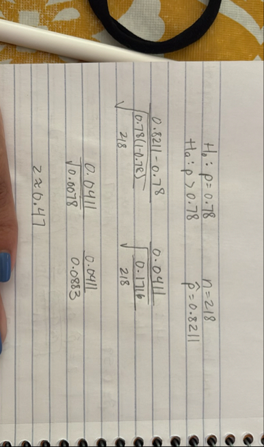 H 0 : p = 0 . 7 8 , n = 2 1 8 H a : p  style=