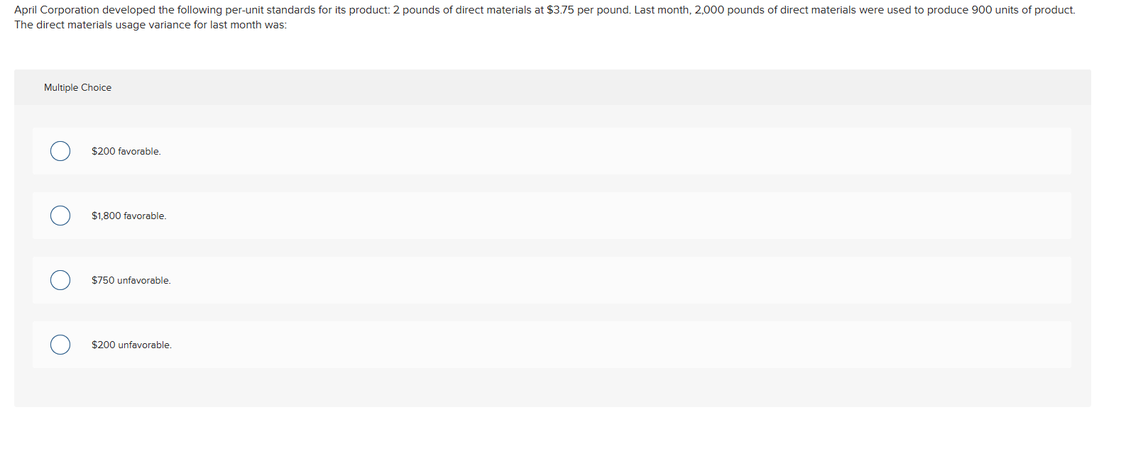 The direct materials usage variance for last