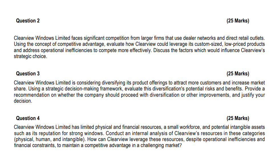 Question 2 ( 2 5 Marks ) Clearview Windows