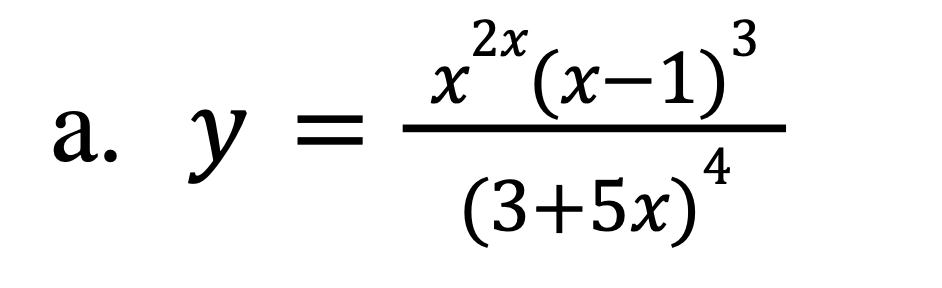 differentiate y = x 2 x ( x - 1 ) 3 ( 3 + 5 x ) 4