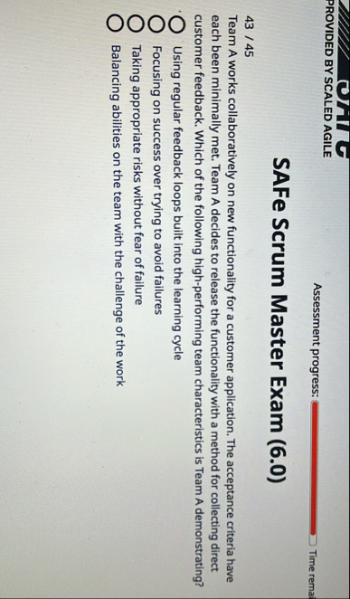 PROVIDED BY SCALED AGILE Assessment progress: