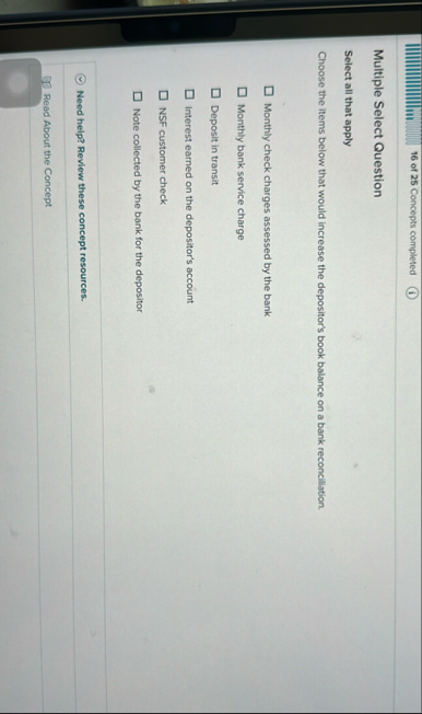 1 6 of 2 5 Concepts completed Multiple Select