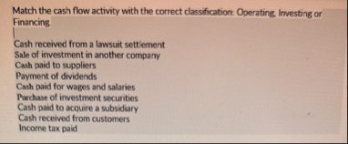 Match the cash flow activity with the correct
