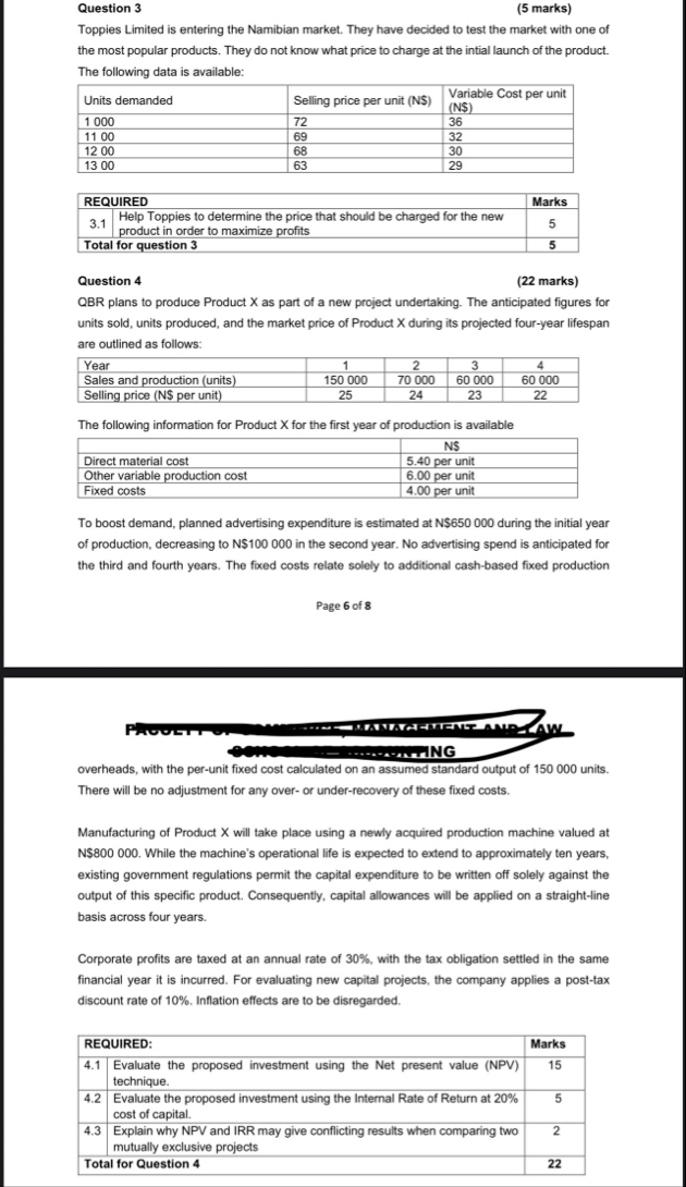 Question 3 ( 5 marks ) Toppies Limited is