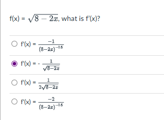 f ( x ) = \ sqrt ( 8 - 2 x ) , what is f ^ ( ' )