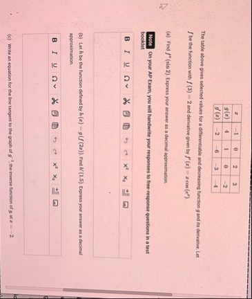 \ table [ [ x , - 1 , 0 , 2 , 3 ] , [ g ( x ) , 4