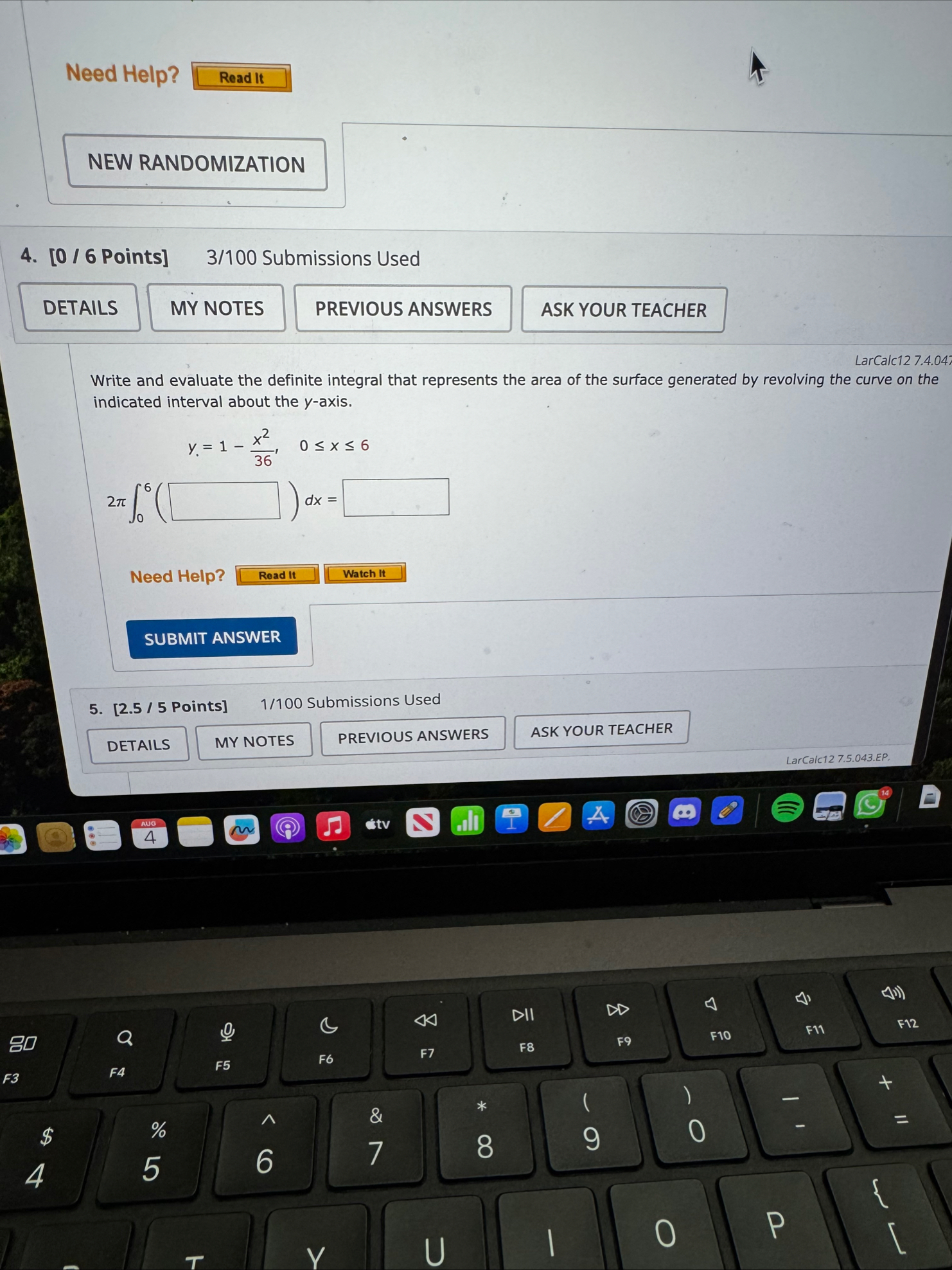 Need Help? 4 . [ 0 / 6 Points ] 3 / 1 0 0