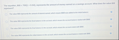 The equation, 8 6 8 = 7 0 0 ( 1 0 . 0 4 f ) ,