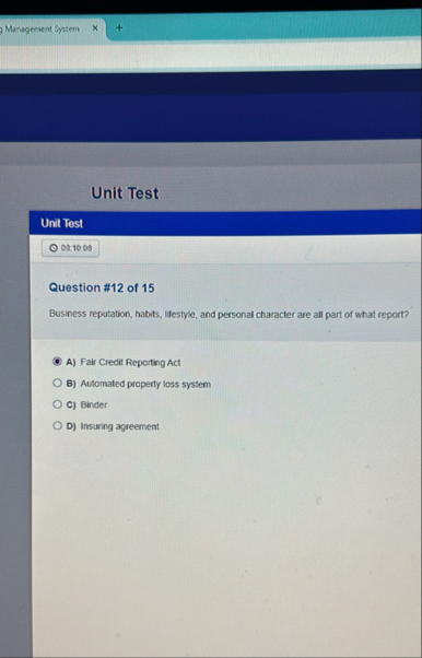 Management System Unit Test Unit Test Question #