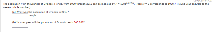 The population P ( i n thousands ) o f Orlando,