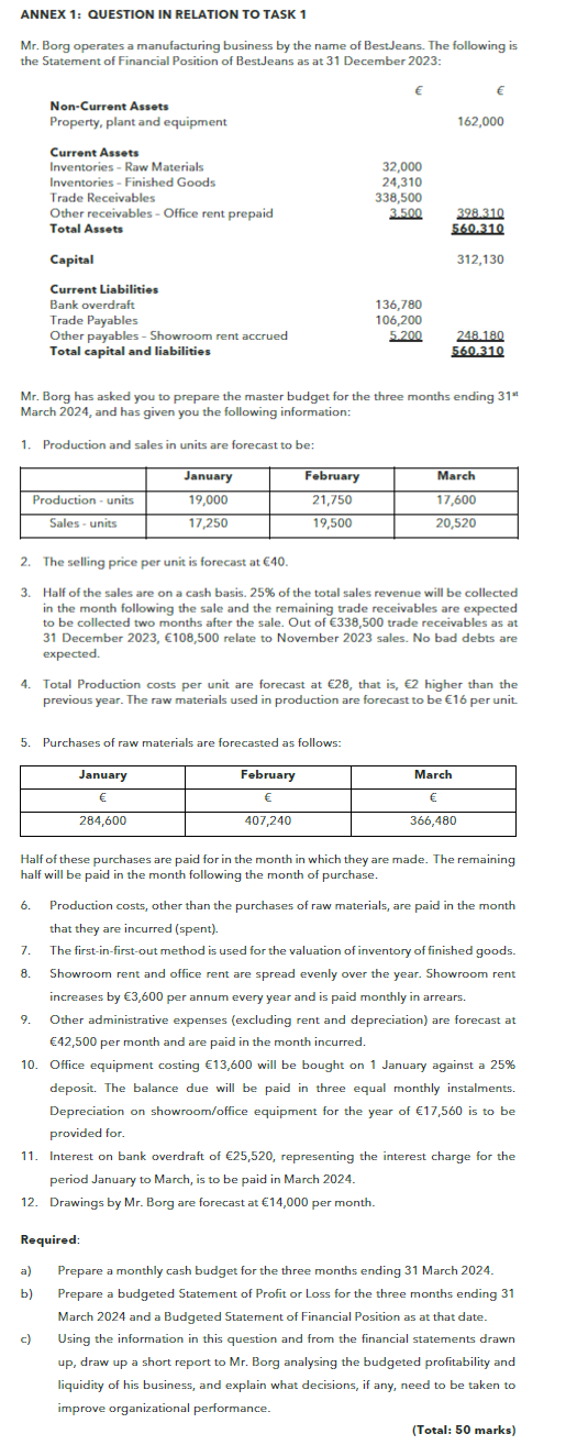 TASK 1 : Using the information provided in Annex