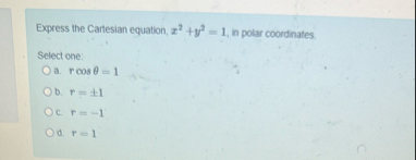 Express the Cartesian equation, x 2 y 2 = 1 , in