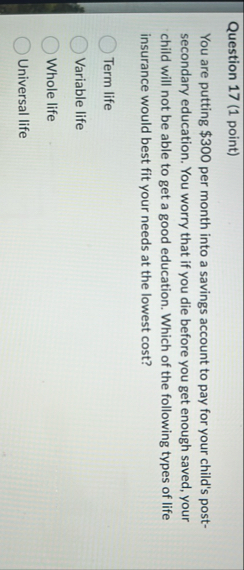 Question 1 7 ( 1 point ) You are putting $ 3 0 0