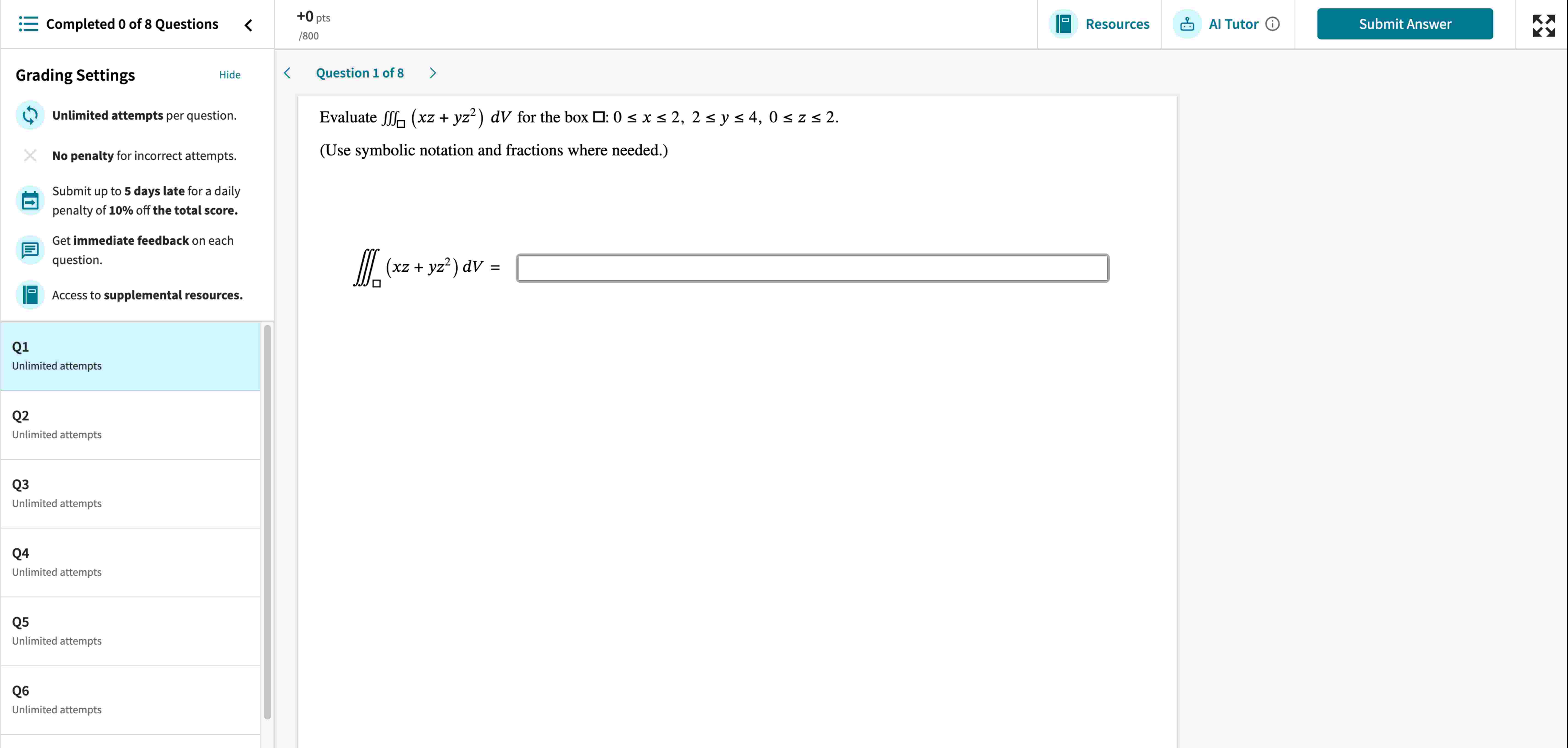 Evaluate _ ( ) ( xz + yz ^ ( 2 ) ) dV for the box