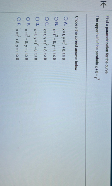 Find a parametrization for the curve. The upper