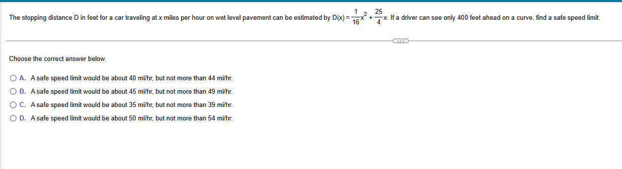 The stopping distance D i n feet for a car