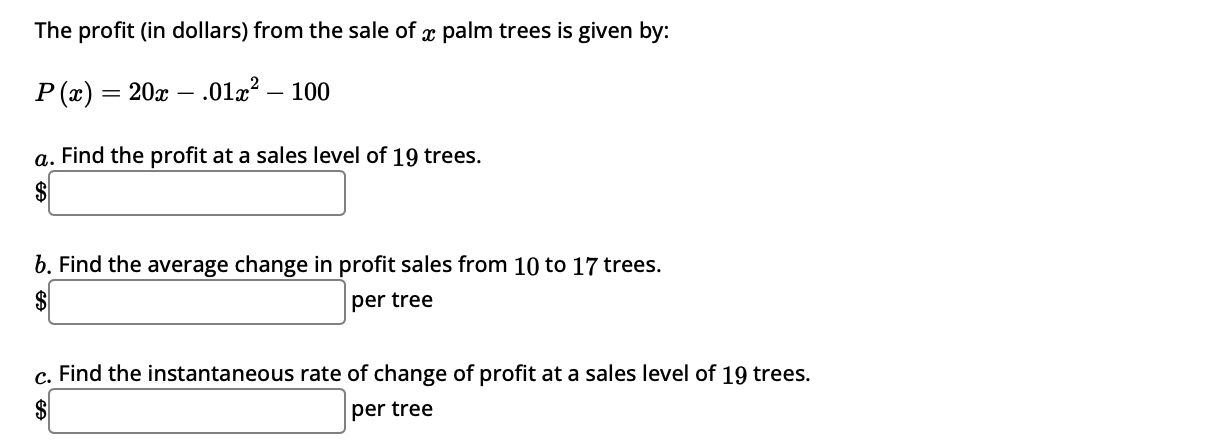 The profit ( i n dollars ) from the sale o f x