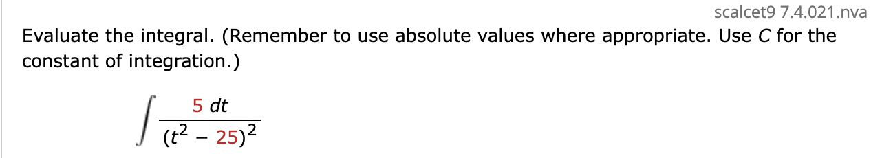 C for the constant o f integration. 5 d t ( t 2 -