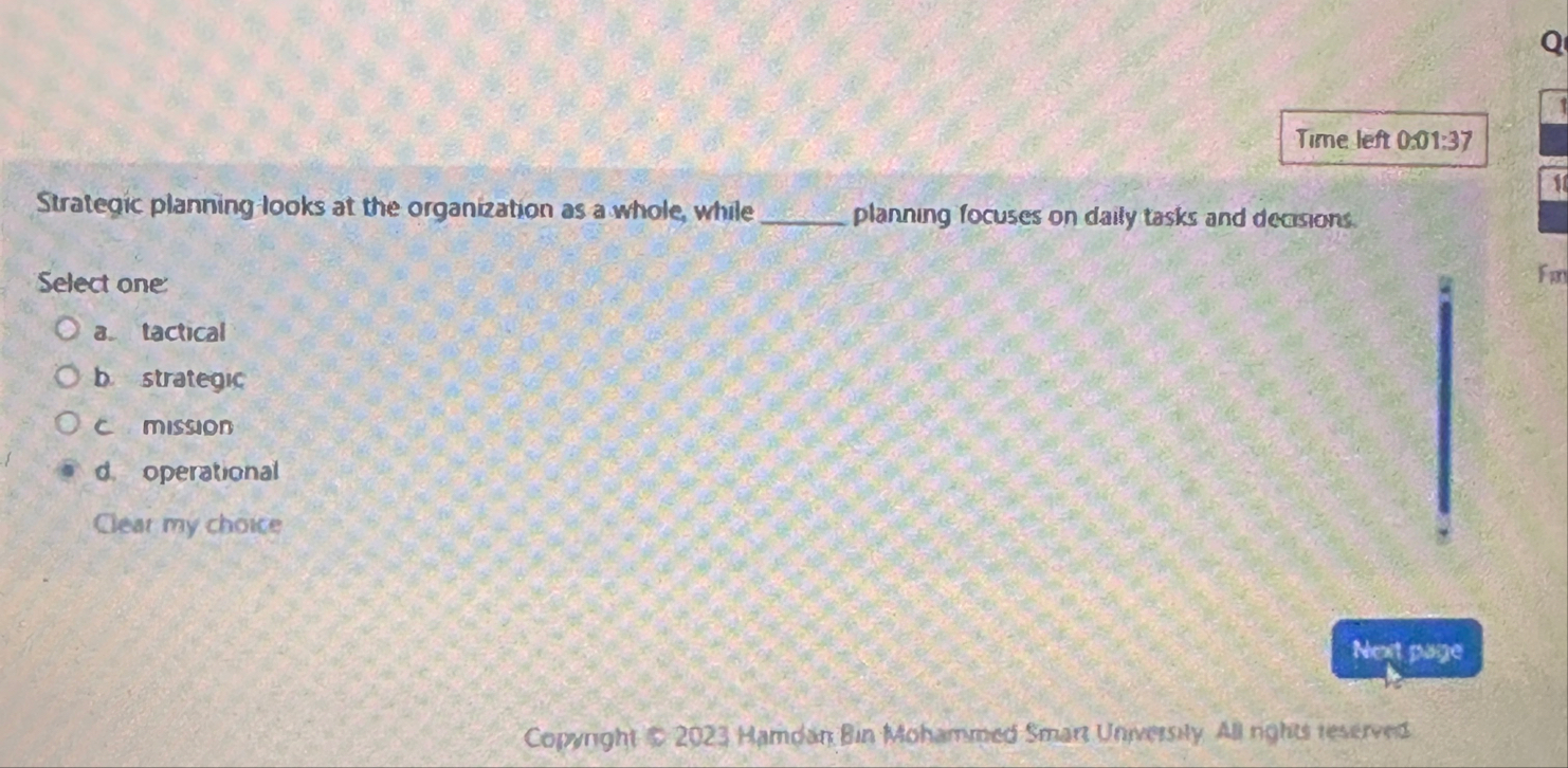 Time left 0 : 0 1 : 3 7 Strategic planning looks