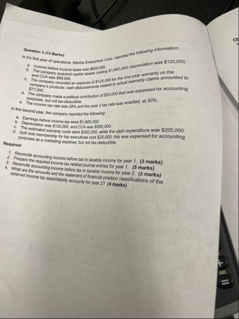 Question 3 ( 1 5 Marks ) corp. reported the