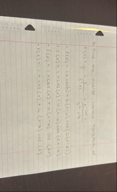 Find the inverse Laplace transform of F ( 5 ) = 1