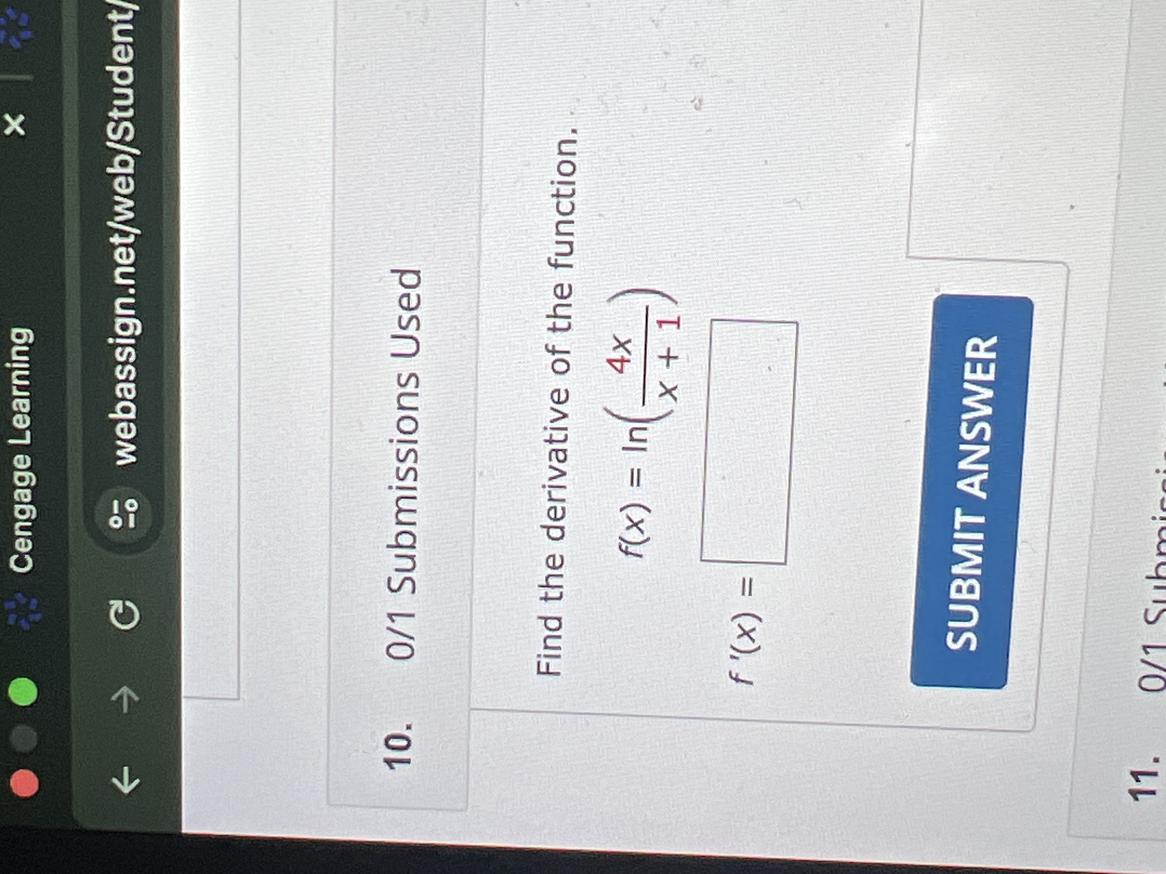 0 1 Submissions Used Find the derivative o f the