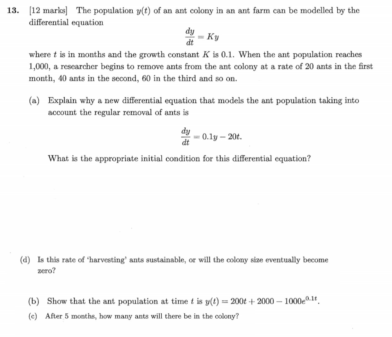 [ 1 2 marks ] The population y ( t ) of an ant