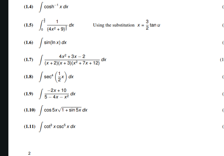 ( 1 . 4 ) c o s h - 1 x d x ( 1 . 5 ) 0 3 2 1 ( 4