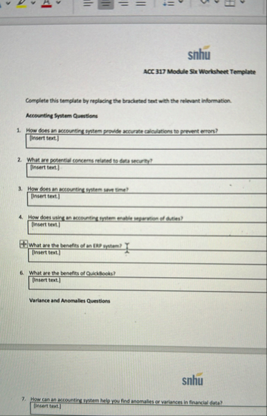 snhu ACC 3 1 7 Module Six Worksheet Template