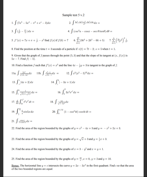 Sample test 5 v . 2 ( 7 x 5 - 5 x 4 - 3 e x - 3 )