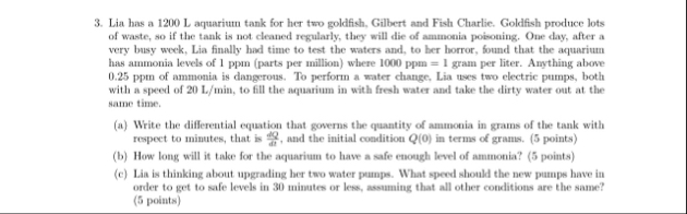 Lia has a 1 2 0 0 L aquarium tank for her two
