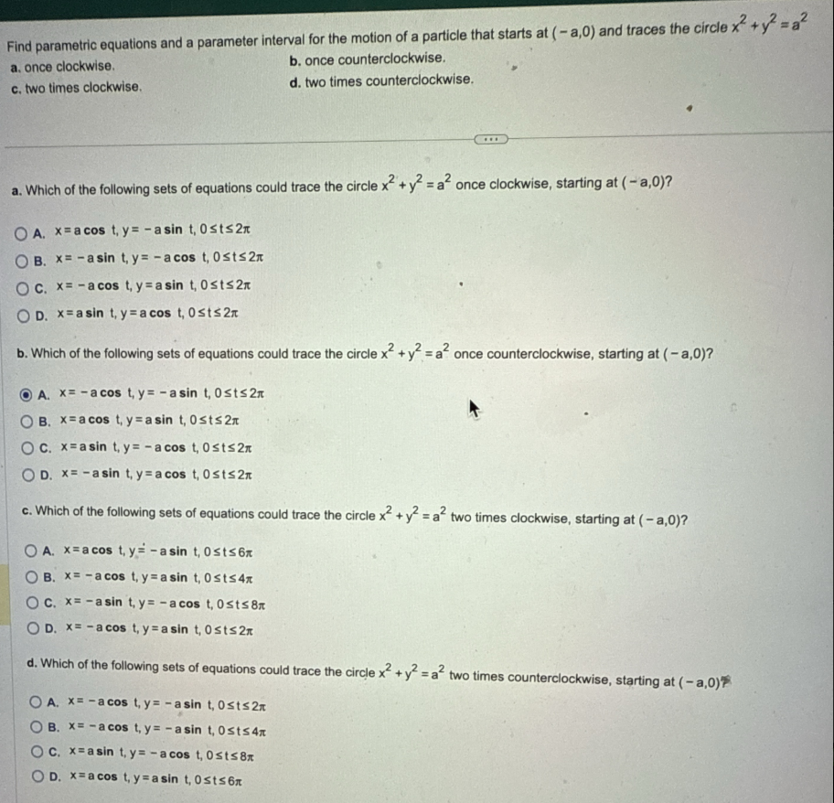 - a , 0 x 2 + y 2 = a 2 a . once clockwise. b .